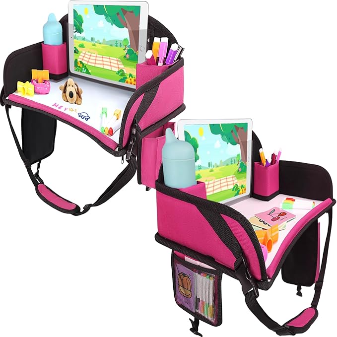 Kids Travel Tray for Airplane - Toddler Car Seat Table Tray, Road Trip Essentials for Boys & Girls, Carseat Lap Desk for Kids Road Trip Activities (Pink-2PCS)