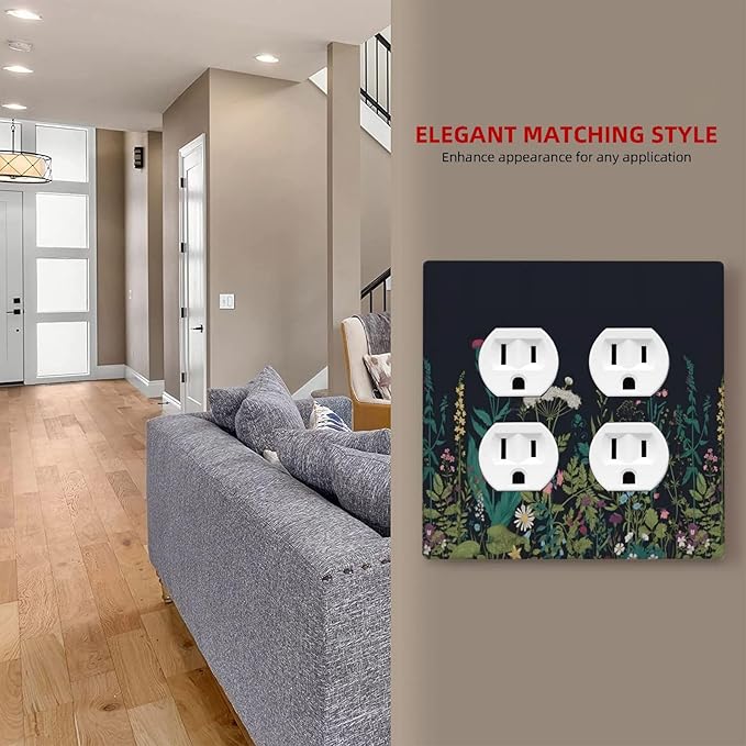 Boho Garden Flowers Weeds Floral Wildflowers Outlet Covers 2 Gang Double Duplex Decorative Light Switch Covers Electrical Wallplates Socket Faceplate for Bedroom Living Room Decor