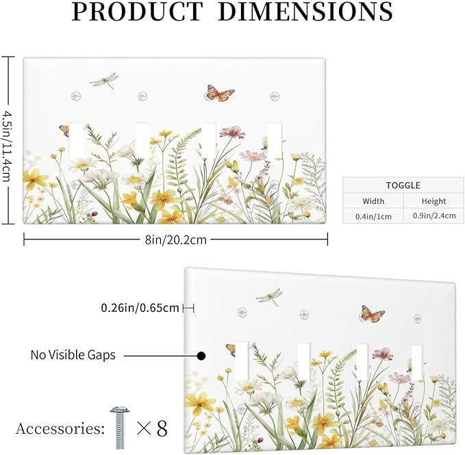 Colorful Wildflowers Dragonfly Butterfly Floral Light Switch Covers Quad Toggle Electrical Faceplate 4 Gang Wall Plate Decorative Switch Plates Cover for Bedroom Living Room Decor