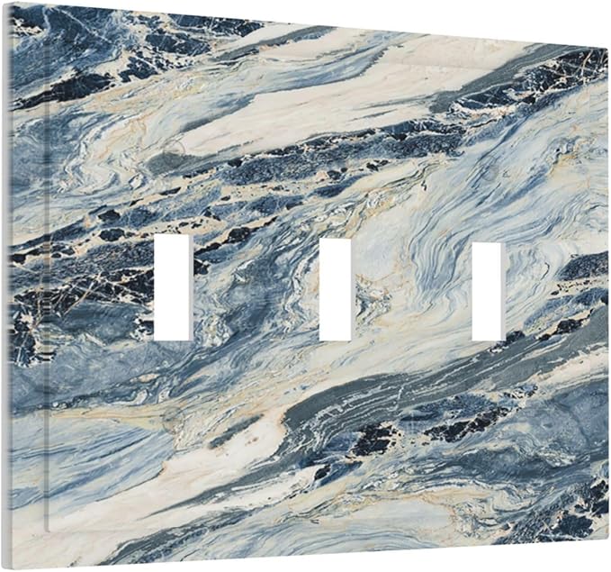 Decorative Switch Plates Blue Grey Marbling Modern Abstract Design 3 Gang Wall Plate Faceplate Triple Toggle Light Switch Cover Electrical Wall Panels for Bedroom living Room Decor
