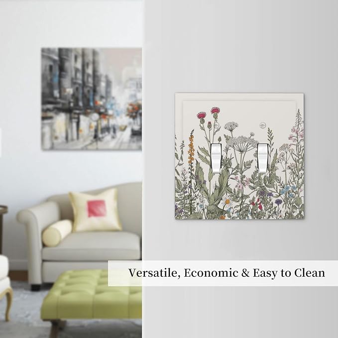Vintage Colorful Wild Flower Floral Decorative 2 Gang Light Switch Cover Blossom Spring Bloom Herb Sage Botanical Plant Doouble Toggle Dual Device Outlet Electrical Switch Socket Plug Face Plate Cover