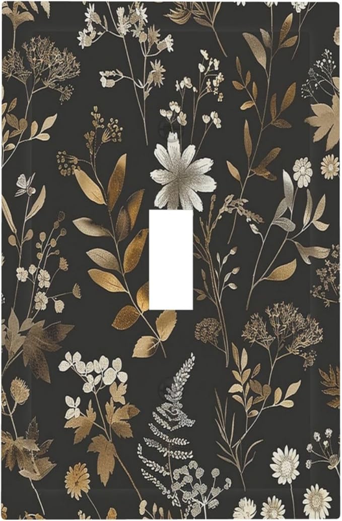 Decorative Light Switch Cover Black Gold Floral Dark Leaves Vintage Flowers 1 Gang Single Toggle Device Electrical Faceplate Switchplates Decorator Outlet Wall Plate for Bed Room Home