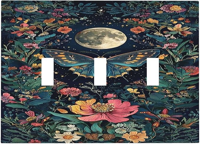 Decorative Light Switch Cover Plate Bohemian Moon Butterfly Floral 3 Gang Wall Plate Triple Toggle Switch Plate Covers Electrical Outlet Cover for Bedroom Cabin Decor