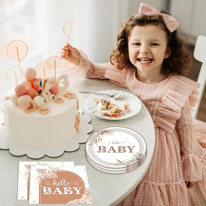 40 PCS Boho Baby Shower Decorations Bohemian Theme Disposable Tableware Set Gender Neutral Baby Shower Decorations Baby Paper Plates Napkins for Girl Boy