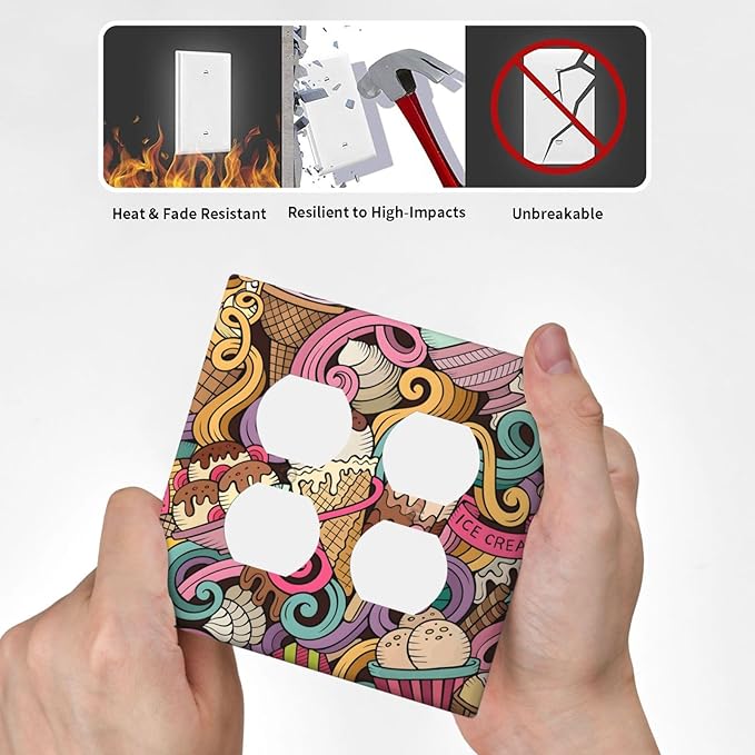 Cartoon Hand Drawn Ice Cream Doodles Colorful Print Outlet Covers 2 Gang Double Duplex Decorative Light Switch Covers Electrical Wallplates Socket Faceplate for Kids Room Nursery Decor