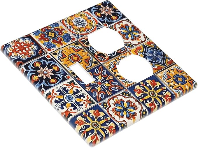 Mexican Talavera Tiles Flower Vintage Wallplates 1 Toggle 1 Duplex Switch Plate Electrical GFCI Faceplate Decorative Light Switch Covers for Kitchen Bathroom Decor