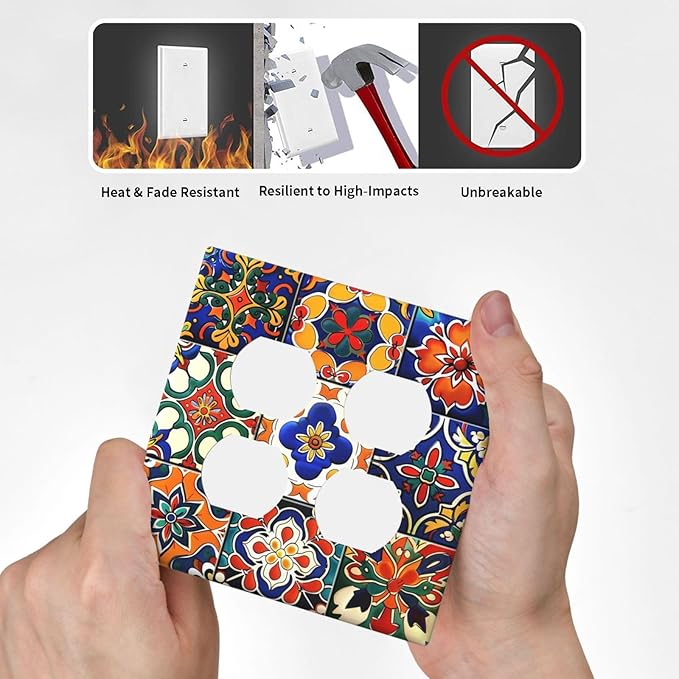 Outlet Covers Colorful Mexican Talavera Vintage Boho Floral 2 Gang Double Duplex Decorative Light Switch Covers Electrical Wallplates Socket Faceplate For Farmhouse Cabin Decor