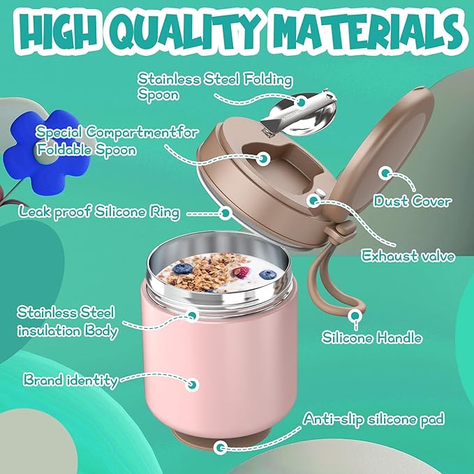 Thermo for Hot Food Kids - 15.2oz, Leak Proof Insulated Food Jar, Soup Thermo, Insulated Lunch Containers, Termos Para Comida Caliente, Wide Mouth Lunch Box with Folding Spoon and Handle