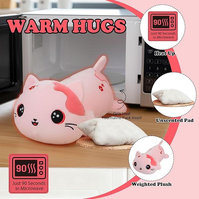 Microwave Weighted Cat Stuffed Animal - 2.2 Pounds Big Pink Cat Plush Machine Washable Unscented Cute Heating Pad Animal Pillow Warm Plushies Toy for Adults Kids Pink Flower Embroidery 15 Inch