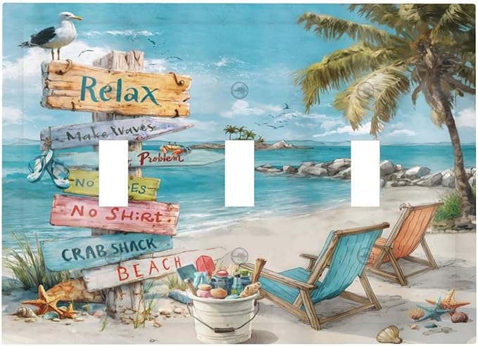 Ocean Beach Tropical Palm Tree Coastal Seaside Decorative Switch Plates 3 Gang Wall Plate Triple Toggle Light Switch Cover Faceplate Electrical Wall Panels for Kids Room Living Room Decor