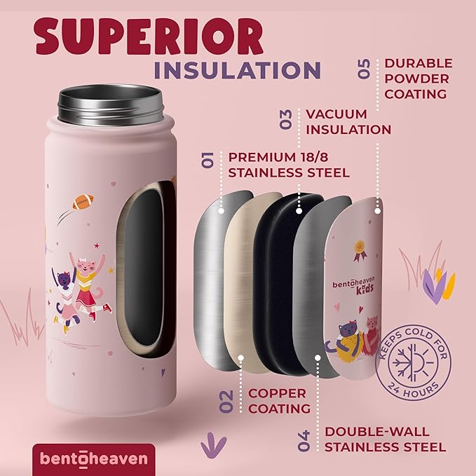 Bentoheaven Kids Water Bottle Stainless Steel for Boys & Girls, 2 Lids (Chug & Straw), Handle & Silicone Boot, Reusable Metal Leak-proof Insulated Tumbler, School & Sports 17oz (Pink)