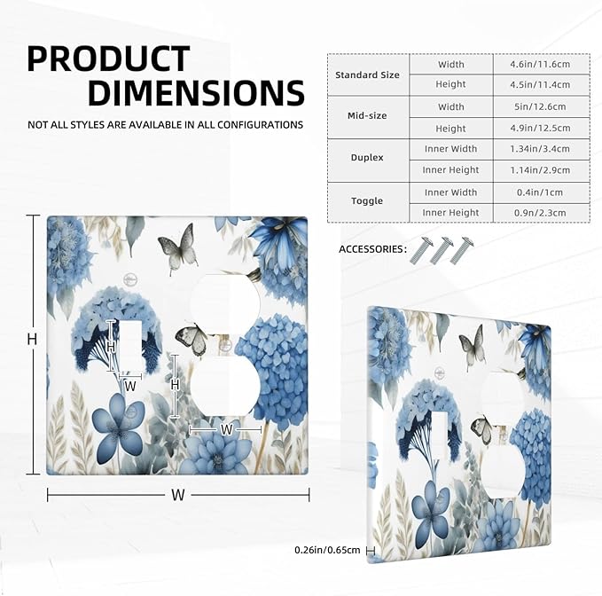 Blue Floral Hydrangea Floral Butterfly Flower Plant Wallplates 1 Toggle 1 Duplex Switch Plate Electrical GFCI Faceplate Decorative Light Switch Covers for Bedroom Living Room Decor