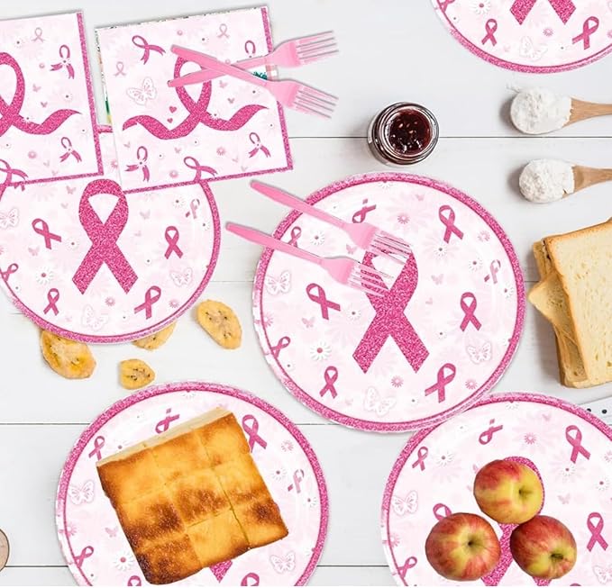 48Pcs Breast Cancer Party Decorations Include Plates Napkins Guests Cancer Free Party Decorations Serve 24 Guests Breast Cancer Party Supplies