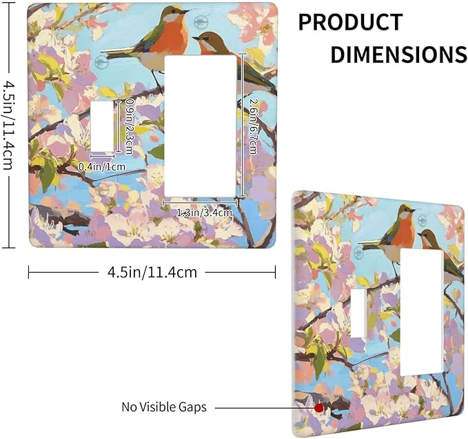 Bird Flower Single Toggle Rocker Combination Wall Plate Decorative 2 Gang Light Switch Covers Electrical Switchplate Home Decorate Faceplat for Bathroom Bedroom Kitchen Room 4.5 x 4.5 Inch