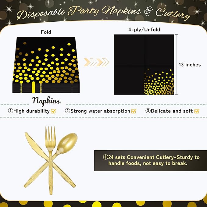 Black and Gold Dots Plates Set for 24 Guests,168PCS Disposable Dinnerware Party Supplies,Paper Plates Napkins Cups Gold Forks Knives Spoons for Birthday Graduation Retirement Anniversary Wedding Party