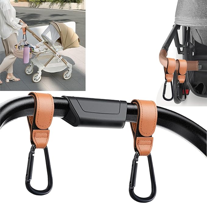 4 Pcs Leather Stroller Hook, Mommy Stroller Clip, Stroller Accessories Organizer Hook, Metal Hook for Strollers/Walkers/Mobility Scooter/Wheelchair/Rollator(Pink)