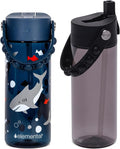 Elemental Leak Proof Water Bottles for Kids - Splash Kids Water Bottle for School with Pop-it Handle - Tritan Plastic Water Bottle with Straw - Shark & Black - 18oz (2 Pack)