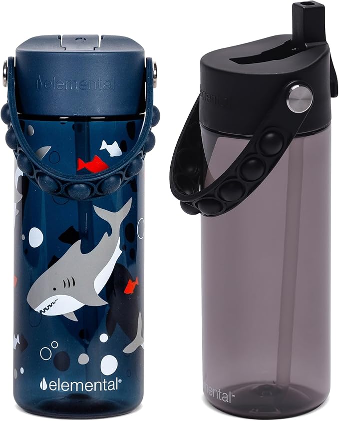 Elemental Leak Proof Water Bottles for Kids - Splash Kids Water Bottle for School with Pop-it Handle - Tritan Plastic Water Bottle with Straw - Shark & Black - 18oz (2 Pack)