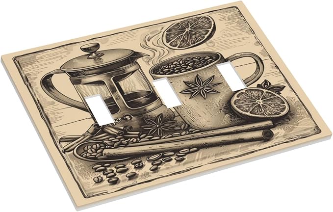 Light Switch Cover Plate Beige Vintage Rustic Coffee Beans Spice 3 Gang Triple Toggle Decorative Switch Plates Wall Plates Electrical Switchplate Faceplate for Kitchen Coffee Bar Decor