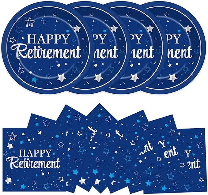 Qyeahkj 48Pcs Happy Retirement Paper Plates and Napkins Retirement Party Decoration Farewell Party Supplies Blue Silver Disposable Paper Dessert Tableware Set for Women Men Leaving Graduation Serve 25