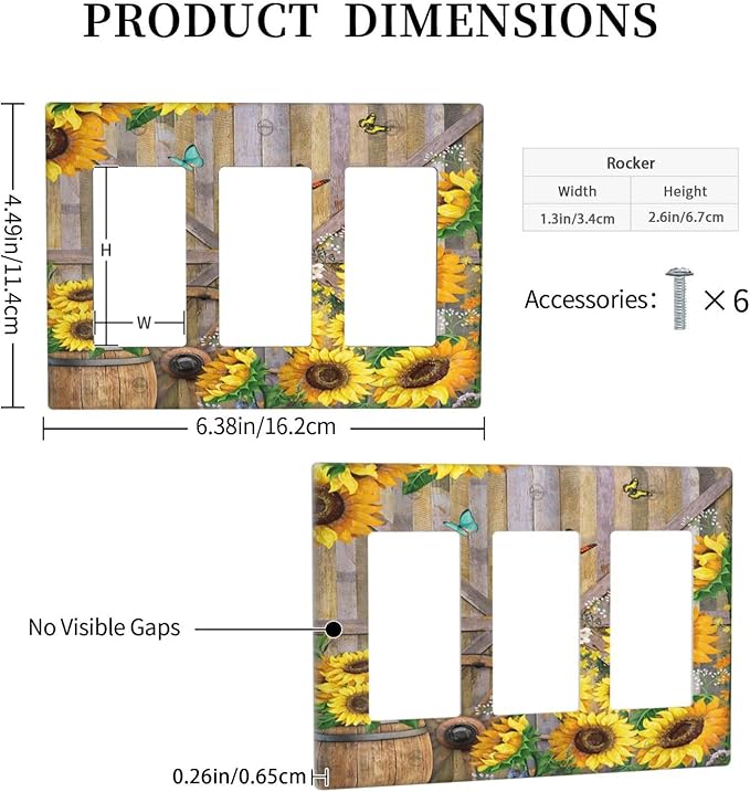 Rustic Sunflower Barn Door Country Wood Plank 3 Gang Rocker Light Switch Covers Decorative Triple Outlet Wall Plate Cover Faceplate Decorative Switchplate GFCI for Farmhouse Bathroom Bedroom Decor