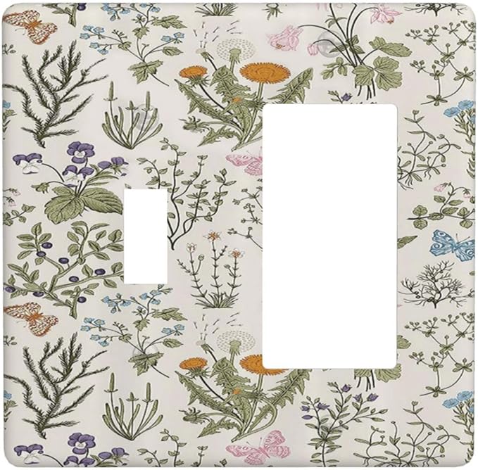 Light Switch Cover Boho Floral Vintage Flowers Plants 2 Gang Toggle Rocker Combo Socket Cover Wall Plates Decorative Switch Plates and Outlet Covers for Bathroom Bedroom Decor