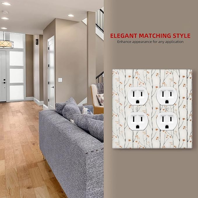 Boho Floral Watercolor Tree Branch Flower Minimalist Outlet Covers 2 Gang Double Duplex Decorative Light Switch Covers Electrical Wallplates Socket Faceplate for Bedroom Living Room Decor