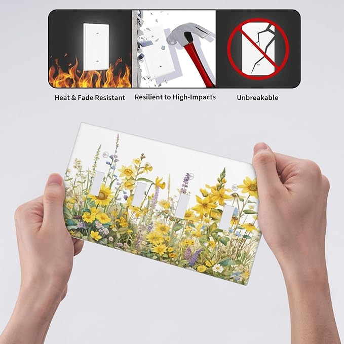 Wildflowers Sunflower Lavender Daisy Floral Light Switch Covers Quad Toggle Electrical Faceplate 4 Gang Wall Plate Decorative Switch Plates Cover for Bedroom Living Room Decor