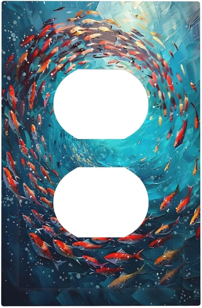 Ocean Fish School Of Fish Vortex Deep Sea Outlet Covers 1 Gang Duplex Light Switch Cover Decorative Switch Plates Electrical Receptacle Faceplate Wall Plate for Kids Room Bedroom Decor