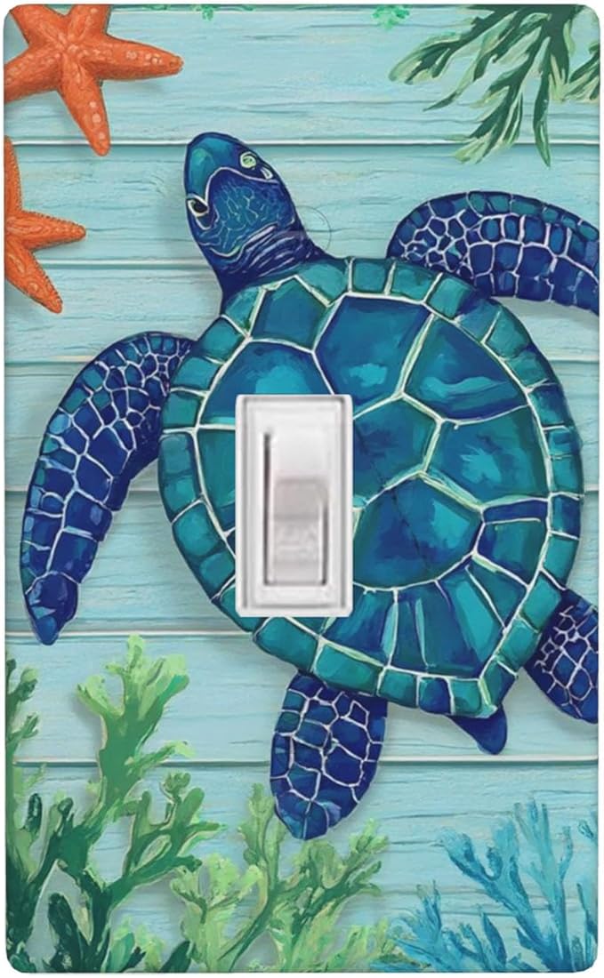 Sea Turtle Starfish 1-Gang Toggle Light Switch Plate, Ocean Marine Wall Plate for Bathroom, Beach House & Coastal Home