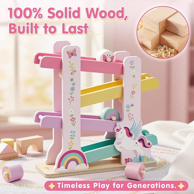 Lehoo Castle Wooden Car Ramp Toys for 1 Year Old Girl Birthday Gifts, Unicorn Montessori Toys for One Year Old, Wooden Race Track with 4 Rollers Toddler Toys for 2 Year Old Girl