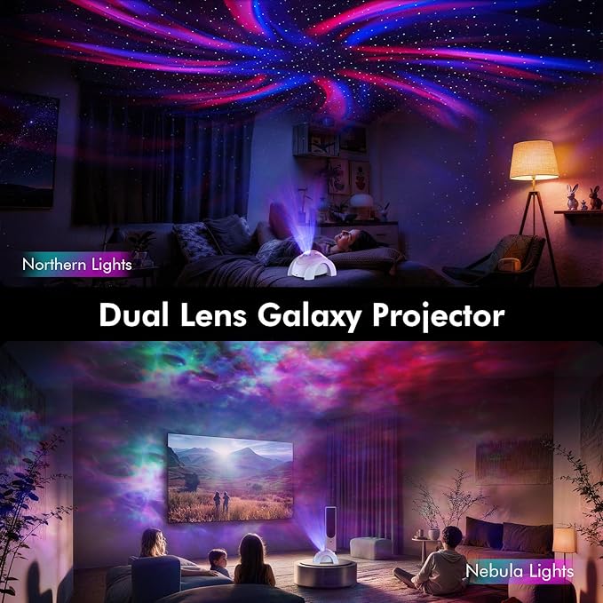 Rossetta Dual Lens Galaxy Projector, Star Projector for Bedroom with White Noise & Bluetooth Speaker, Remote, Timer, Aurora & Nebula Night Light Projector for Room Decor, Gifts for Kids Adults Teens