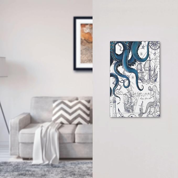 Nautical Vintage Map Octopus Mermaid Lighthouse Boat Light Switch Cover Plate 1 Gang No Device Blank Electrical Wall Plates Faceplate Decorative Switch Plate Covers for Bathroom Kids Room Decor