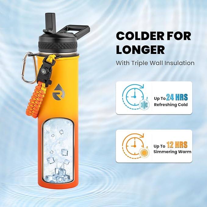 RAYMYLO Insulated Water Bottle 24oz, Triple Wall Vacuum Stainless Steel (Cold for 24Hrs, Hot for 12Hrs), Leak Proof & Non-BPA, 24oz Hydro Water Flask with Paracord Handle & Straw Spout Lids