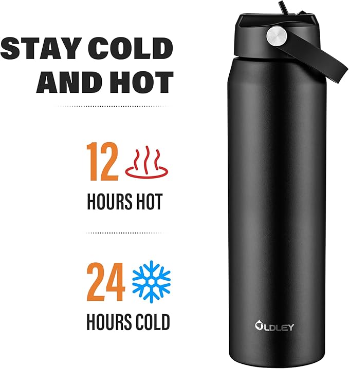 Oldley 32oz Insulated Water Bottle with Straw, Stainless Steel Water Bottle for Sports, Travel, School, BPA-Free Sports Bottles for Adult Kids, Leak-Proof, Black