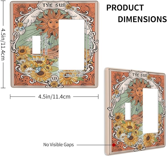 Boho Retro Sun Sunflower Vintage Flower Butterfly Outlet Covers 1 Toggle 1 Rocker Combination Decorative Wall Plate Electrical Switch Plates Light Switch Cover Plate for Farmhouse Home Decor