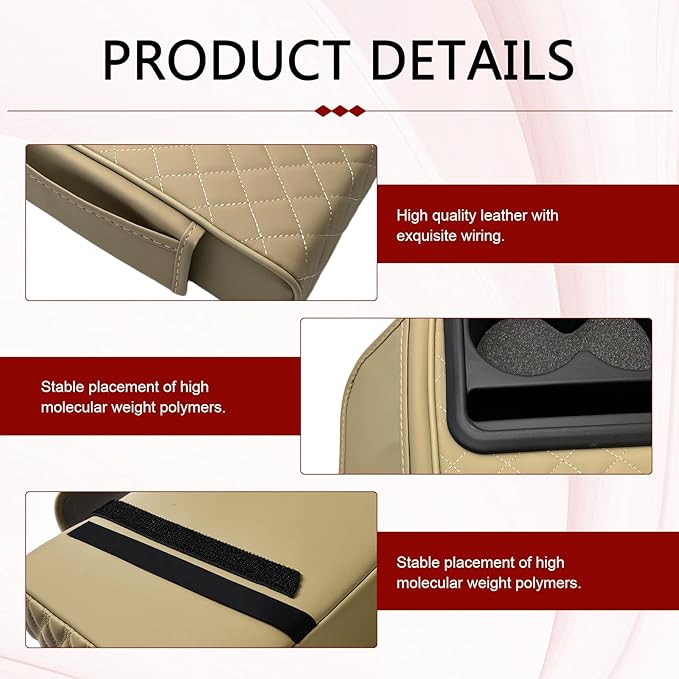 Car Center Console Cover, Upgrade 5-in-1 Genuine Leather Thickened Armrest Box, Armrest Storage Box with Cup, Universal Car Accessories Interior Organizers, for Most Cars (Beige)