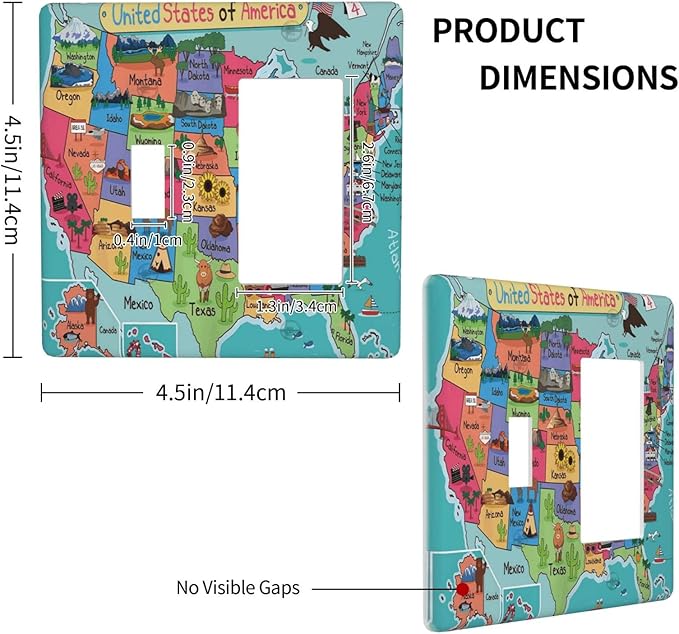 American Map 2 Gang Single Toggle/Rocker Combination Light Switch Cover Decorative Wall Plate Faceplate Boys Kids Teen Girl Bedroom Room Decorate 4.5" x 4.5