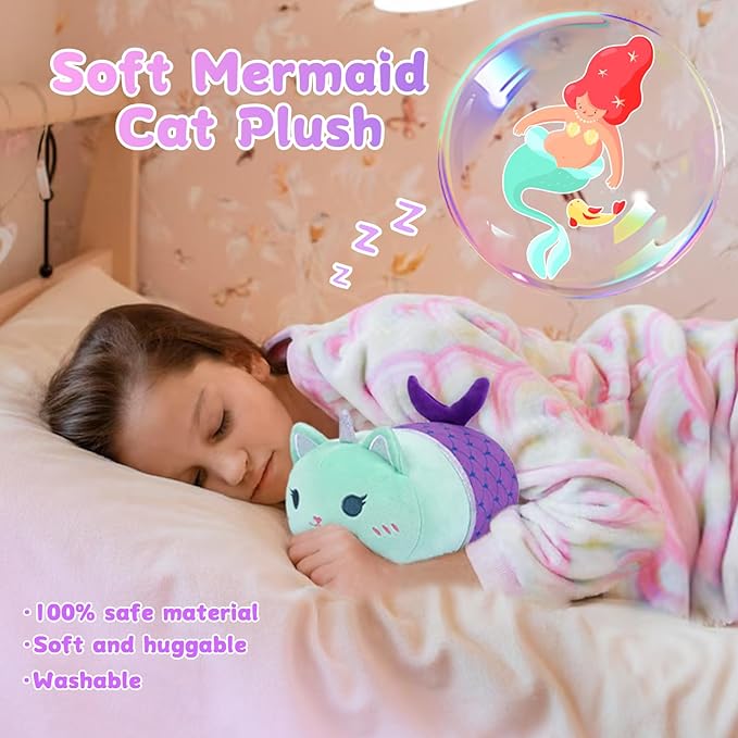 Mermaid Cat Stuffed Animal,8 inch Cute Cat Plush Mermaid Stuffed Animal Soft Cartoon Cat Plush Pillow, Kawaii Plush Toy for Kids Girls Boys Birthday