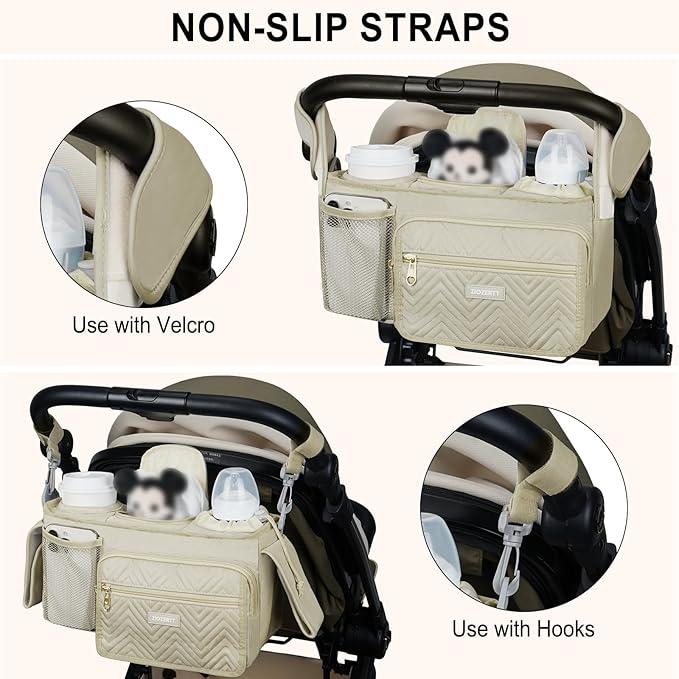 Universal Stroller Organizer with Insulated Cup Holders,Large Capacity Non-Slip Stroller Caddy Bag Fits for Uppababy/Doona/Jogger/Britax/Mompush/BoB with Anti-Sag Hard Bottom and Wet Wipes Pocket