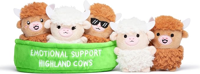 Emotional Support Highland Cows by Relatable, Cuddly Stuffed Animals and Plushies Set, Small Gifts for Mom, Includes 5 Highland Cows Plush Toys with Carrying Basket
