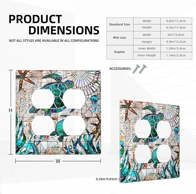 Summer Nautical Mosaic Turtles 2-Gang Device Duplex Wall Plate, Beach Tropical Ocean Wild Life Marine Compass Decorative Two Gang Double Duplex Receptacle Socket Outlet and Light Switch Cover Plate