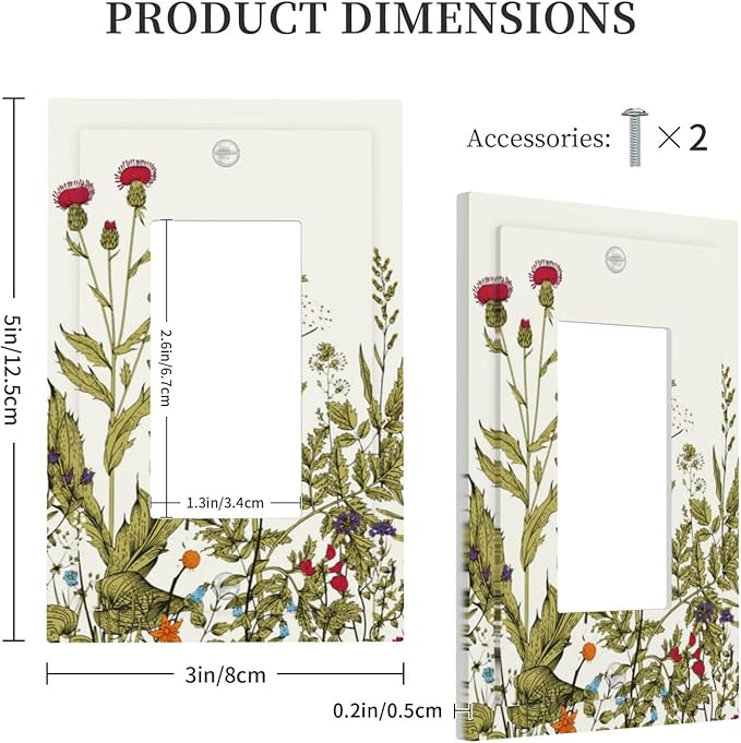 Country Wild Flower Decorative 1 Gang Single Decorator GFCI/Rocker Wall Plate Spring Blossom Botanical Sage Herbs Border Vintage Floral Electrical Receptacle Outlet Light Switch Cover for Dimmer, USB