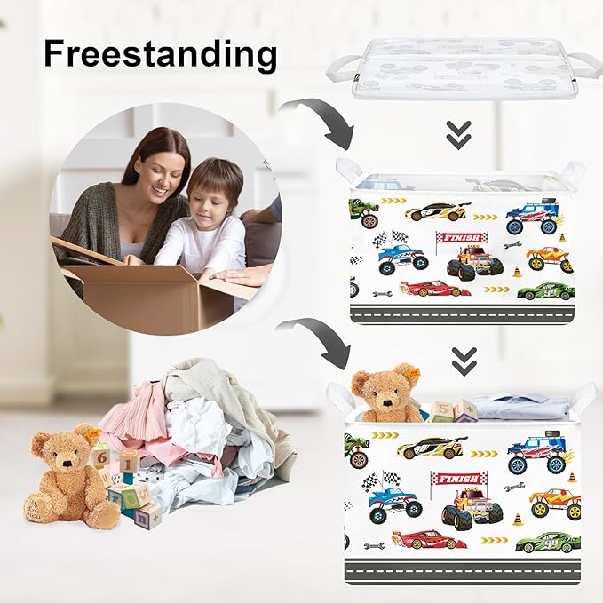 Clastyle City Car Baby Laundry Hamper Kid Storage Basket Boy Gift Toy Box Collapsible Clothes Organizer Nursery Bin for Bedroom,Monster Truck,40 * 30 * 30 cm