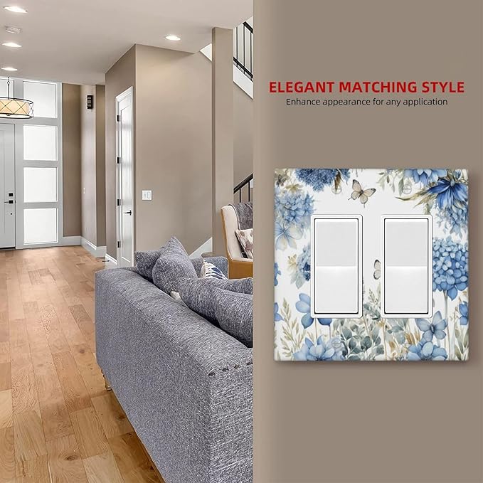 Decorative Outlet Covers Boho Blue Flowers Rustic Beige Butterfly Leaves 2 Gang Wall Plate Double Rocker Switch Light Switch Plate Covers Jumbo Dual Electrical GFCI Switch Cover Plate