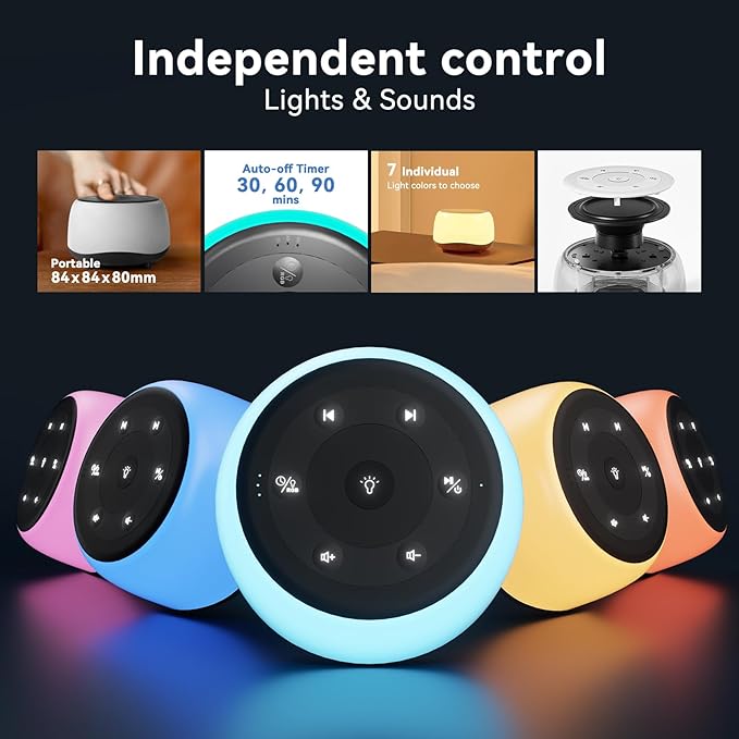 HEYAXA White Noise Sound Machine with 7 Colors Night Light 34 Soothing Sounds, Portable Sound Machine for Baby Adults Kids Sleep with 30 Volume Levels 4 Timers Adjustable Brightness (Black)