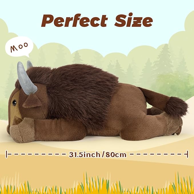 MorisMos Bison Stuffed Animal, 32 inch Bison Plush Giant Stuffed Animal, Soft Cuddle Buffalo Plush, Cozy Plush Gift for Kids Boys Girls Birthday Christmas, Brown