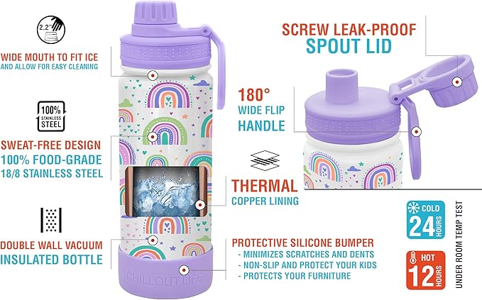 CHILLOUT LIFE 17 oz Kids Insulated Water Bottle for School with Leakproof Spout Lid and Cute Waterproof Stickers, Personalized Stainless Steel Thermos Flask Metal Water Bottle for Girls & Boys