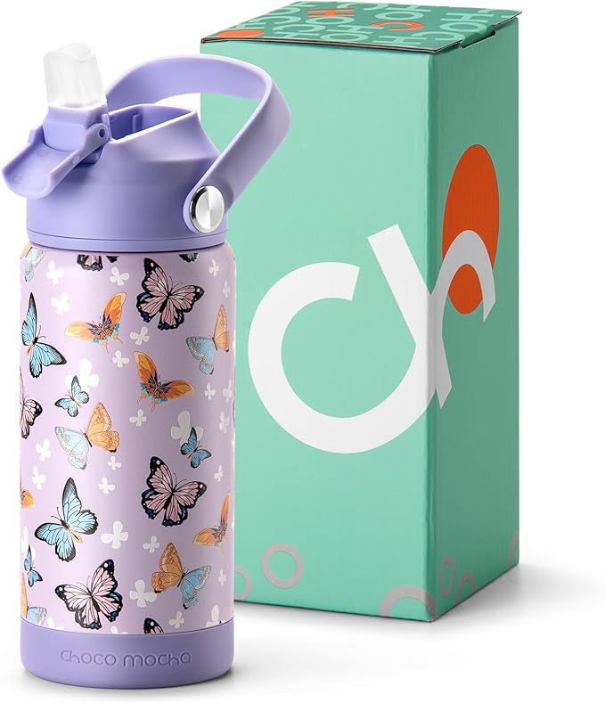 Choco Mocha Kids Water Bottle For School, Kids Insulated Water Bottle Stainless Steel for Girls,14Oz Purple Butterfly