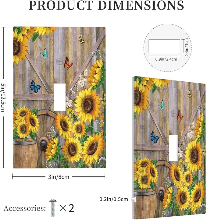 Rustic Sunflower Barn Door Country Wood Plank 1 Gang Light Switch Covers Decorative Single Toggle Wall Plate Switchcover Electrical Switchplate for Farmhouse Bathroom Bedroom Decor